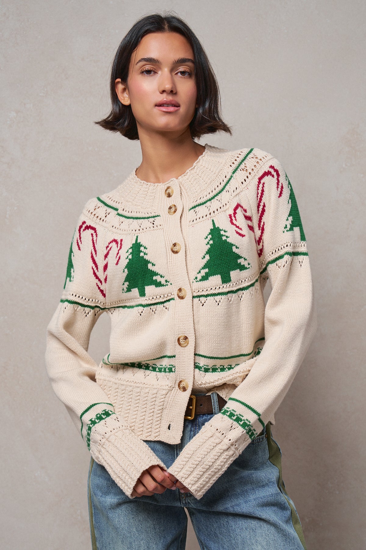Graphic Knit Eyelit Tier Button-Front Cardigan