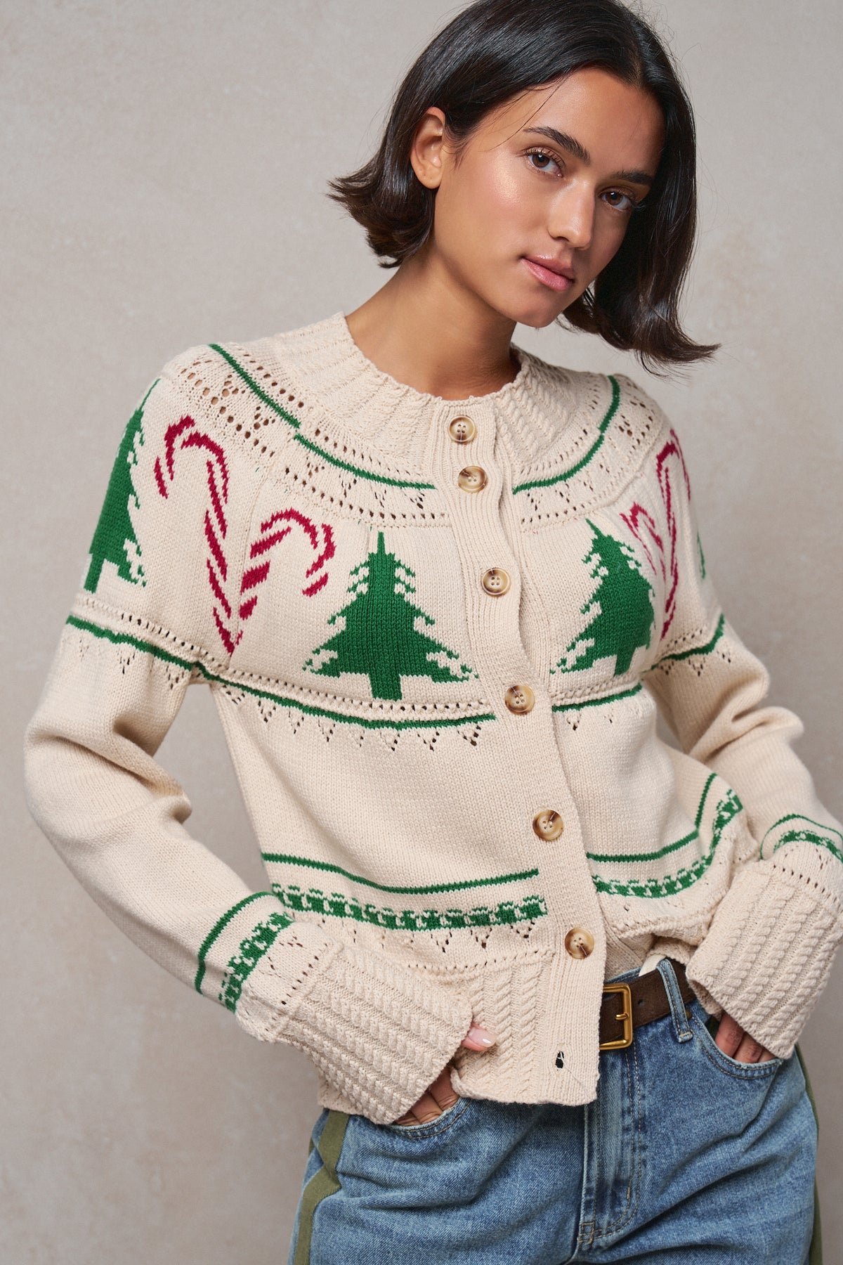Graphic Knit Eyelit Tier Button-Front Cardigan