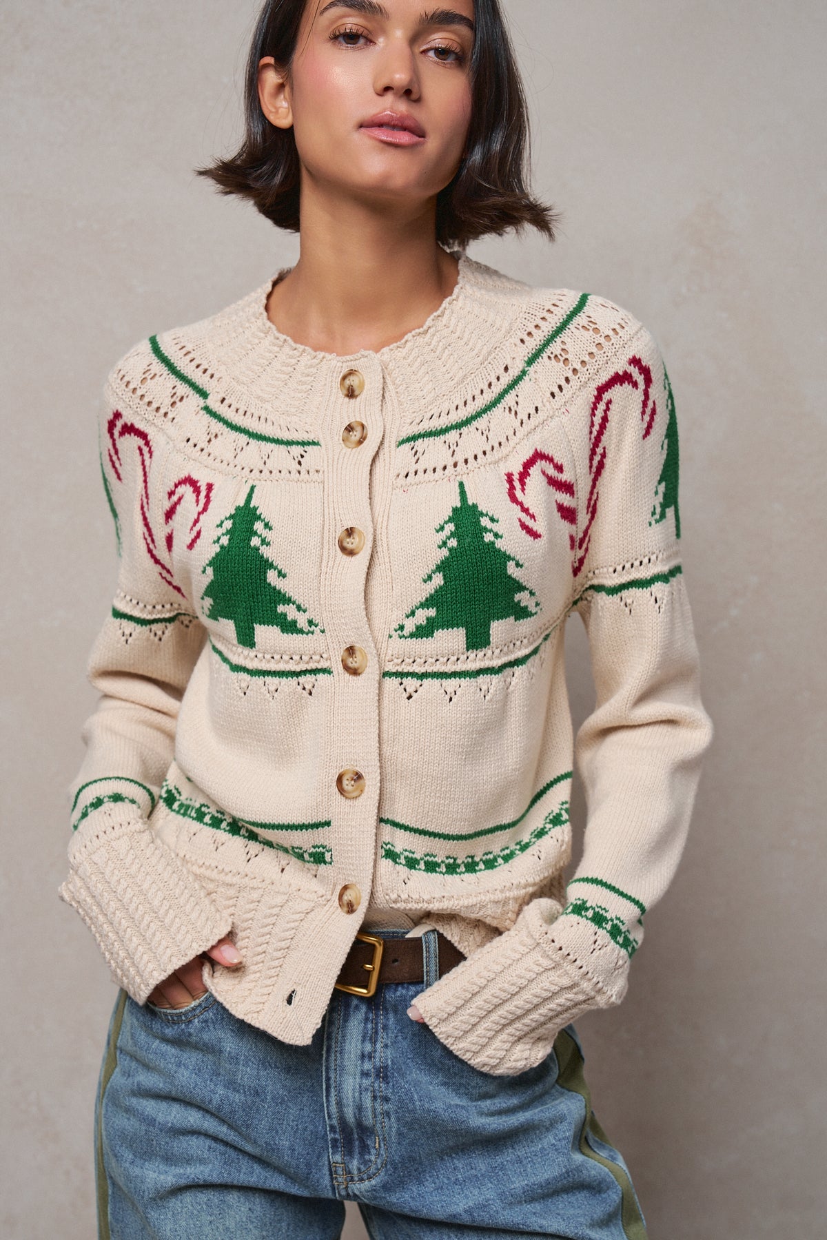 Graphic Knit Eyelit Tier Button-Front Cardigan