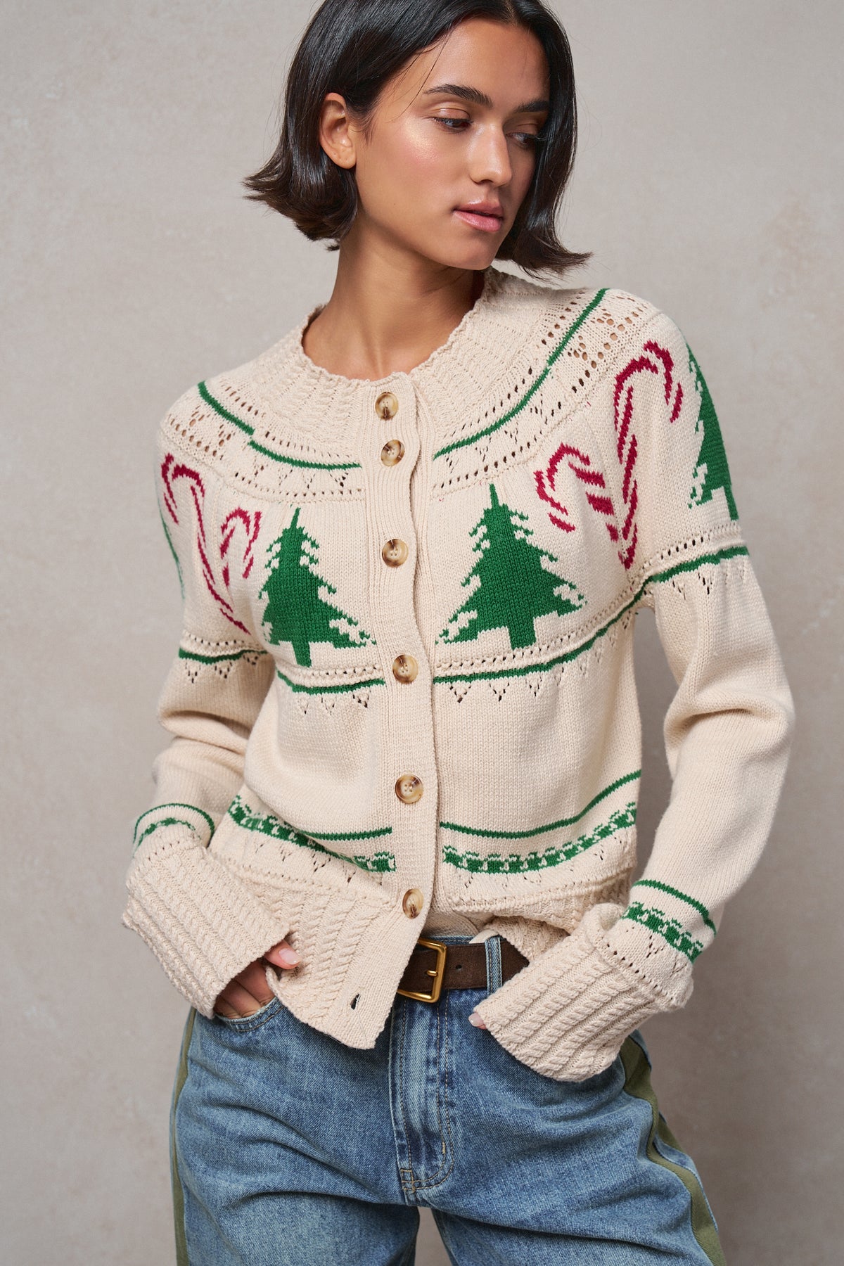 Graphic Knit Eyelit Tier Button-Front Cardigan