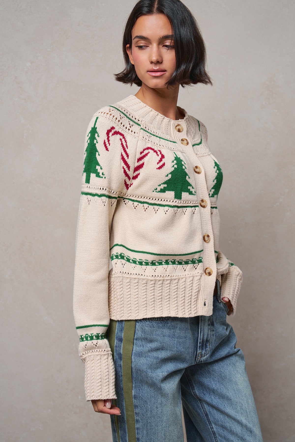 Graphic Knit Eyelit Tier Button-Front Cardigan