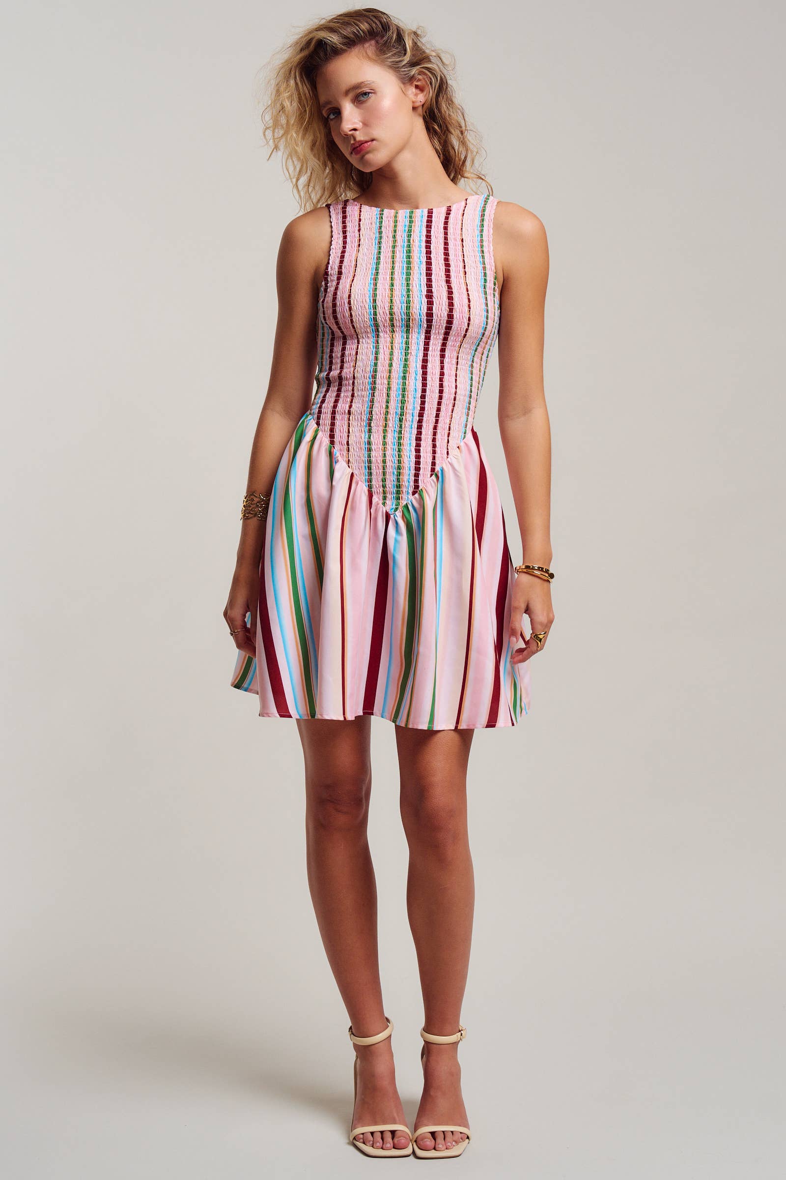 Urban Daizy Sorbet Stripe Smocked Bodice Sleeveless Mini Dress Muiti Dress - Women's (UDDR0349-Muiti) – alternate view 9