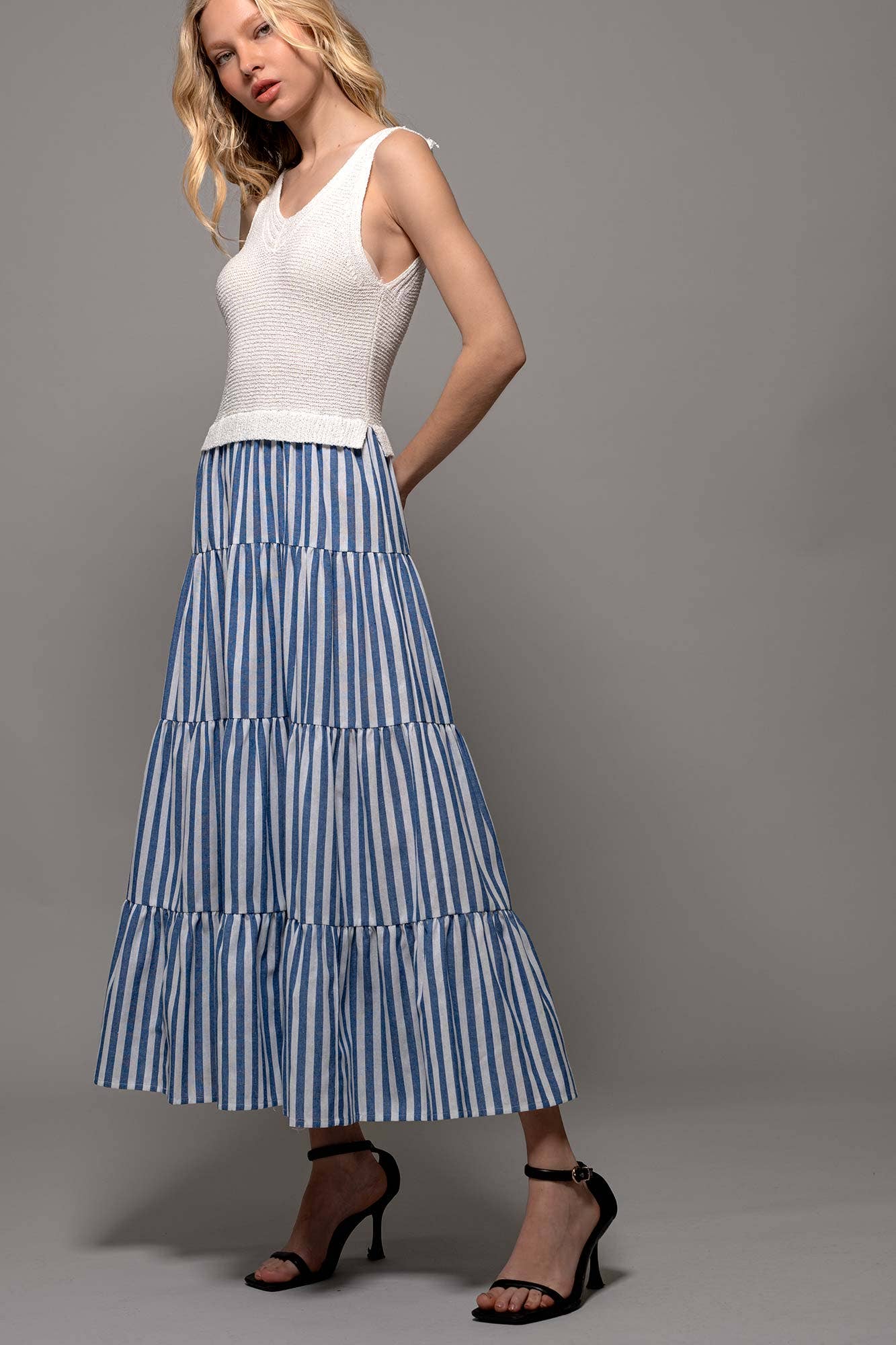 Urban Daizy Ribbed Bodice Striped Tiered Spring Maxi Dress Blue Dress - Women's (UDZ-DR-00178)