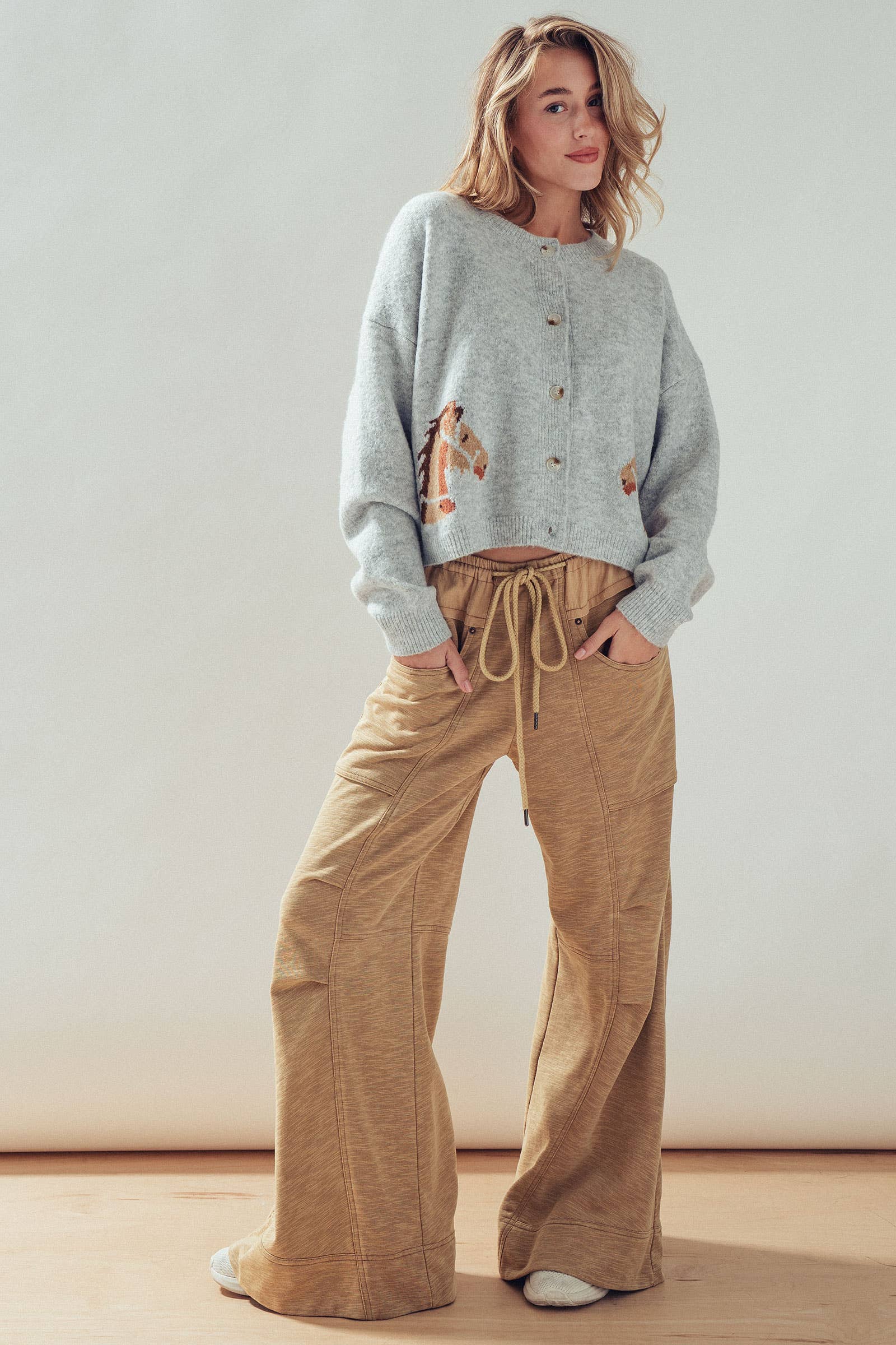 Western Horse Graphic Button Front Cropped Cardigan Sweater