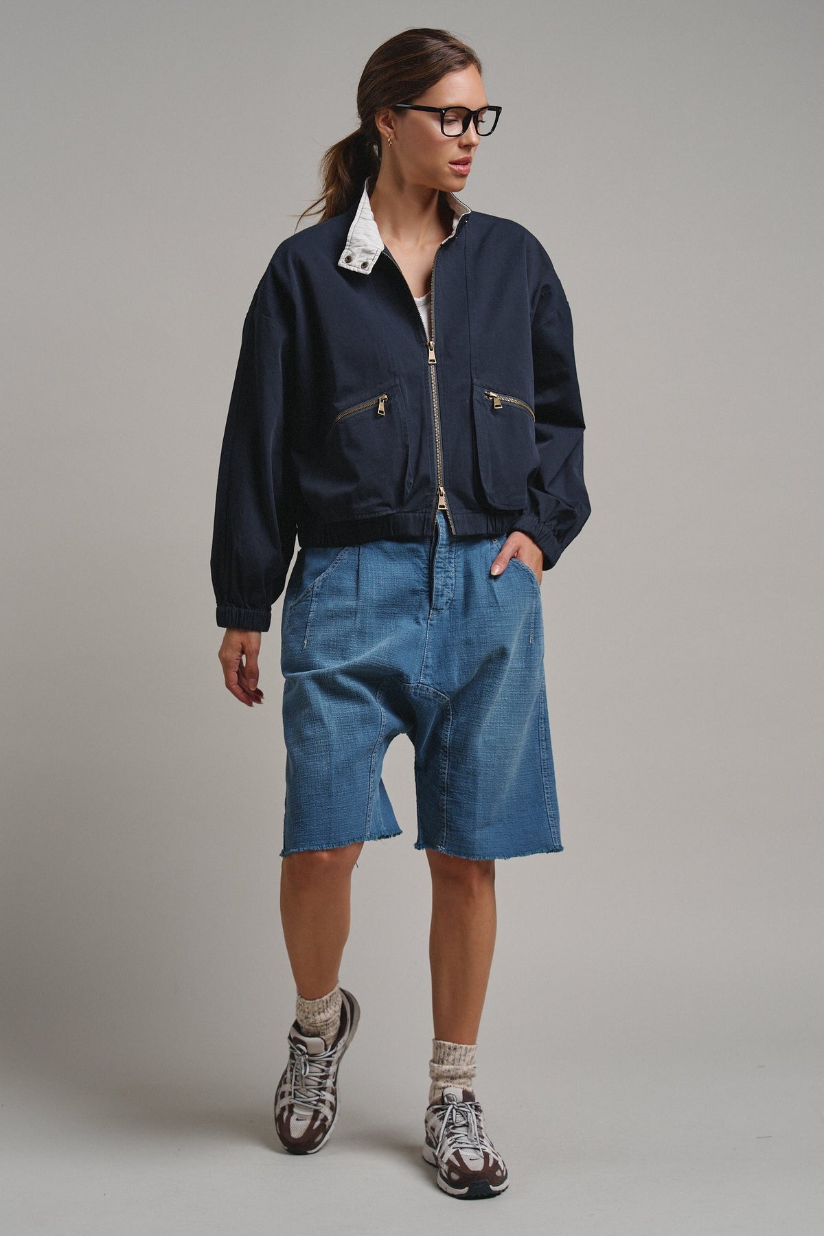 Cropped Zip Bomber Jacket in NAVY - Women's Jackets & Blazers | Urban Daizy