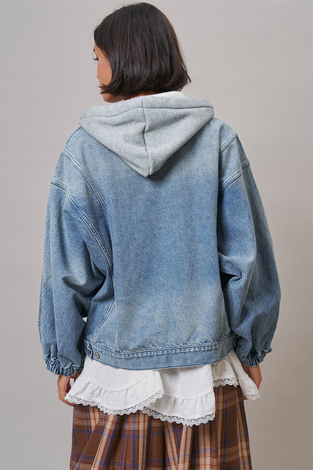 Hooded Denim Zip Up Jacket with French Terry Hood in DENIM - Women's Jackets & Blazers | Urban Daizy