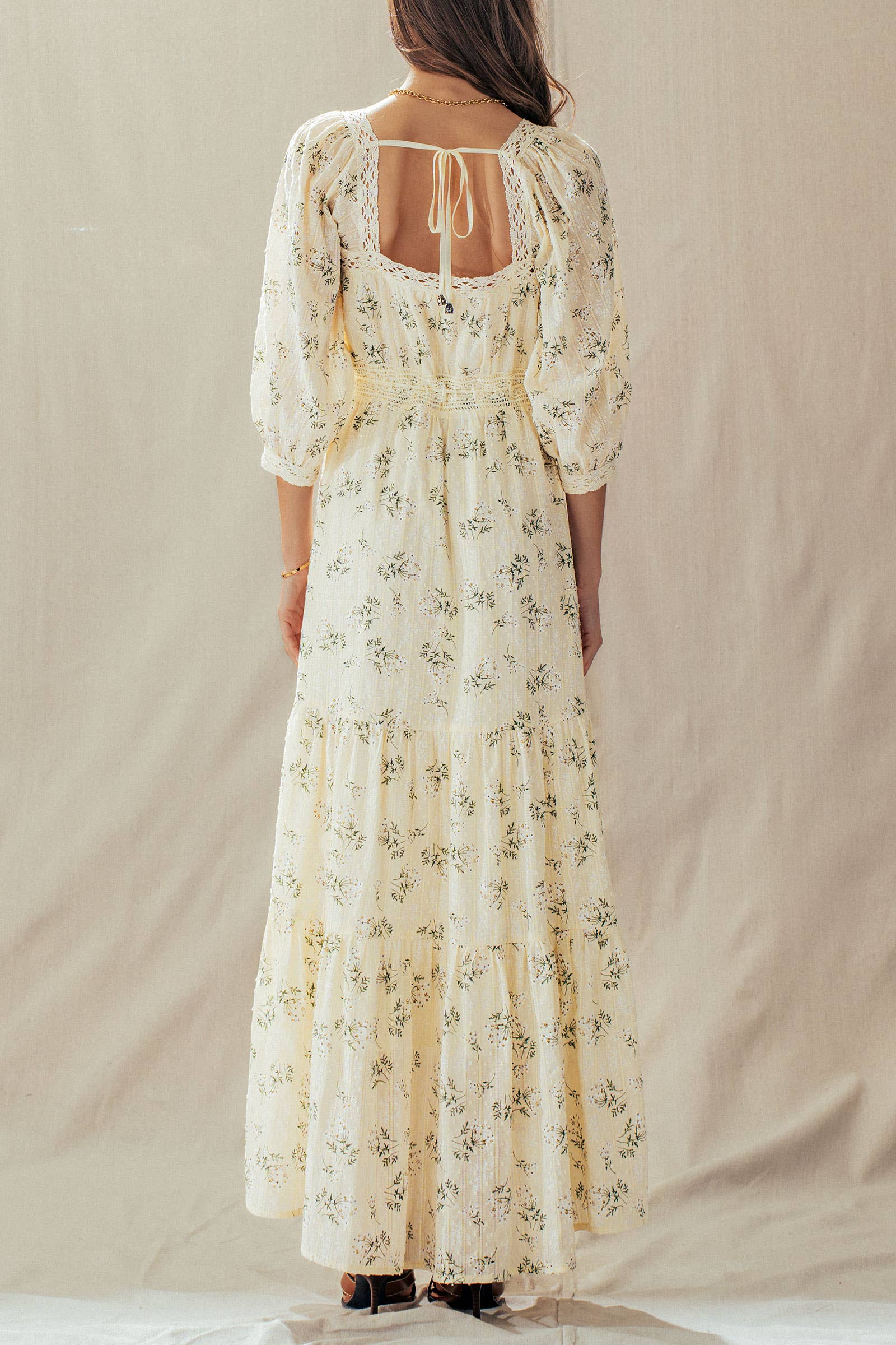 Floral Print Crochet Trim Balloon Sleeve Maxi Dress