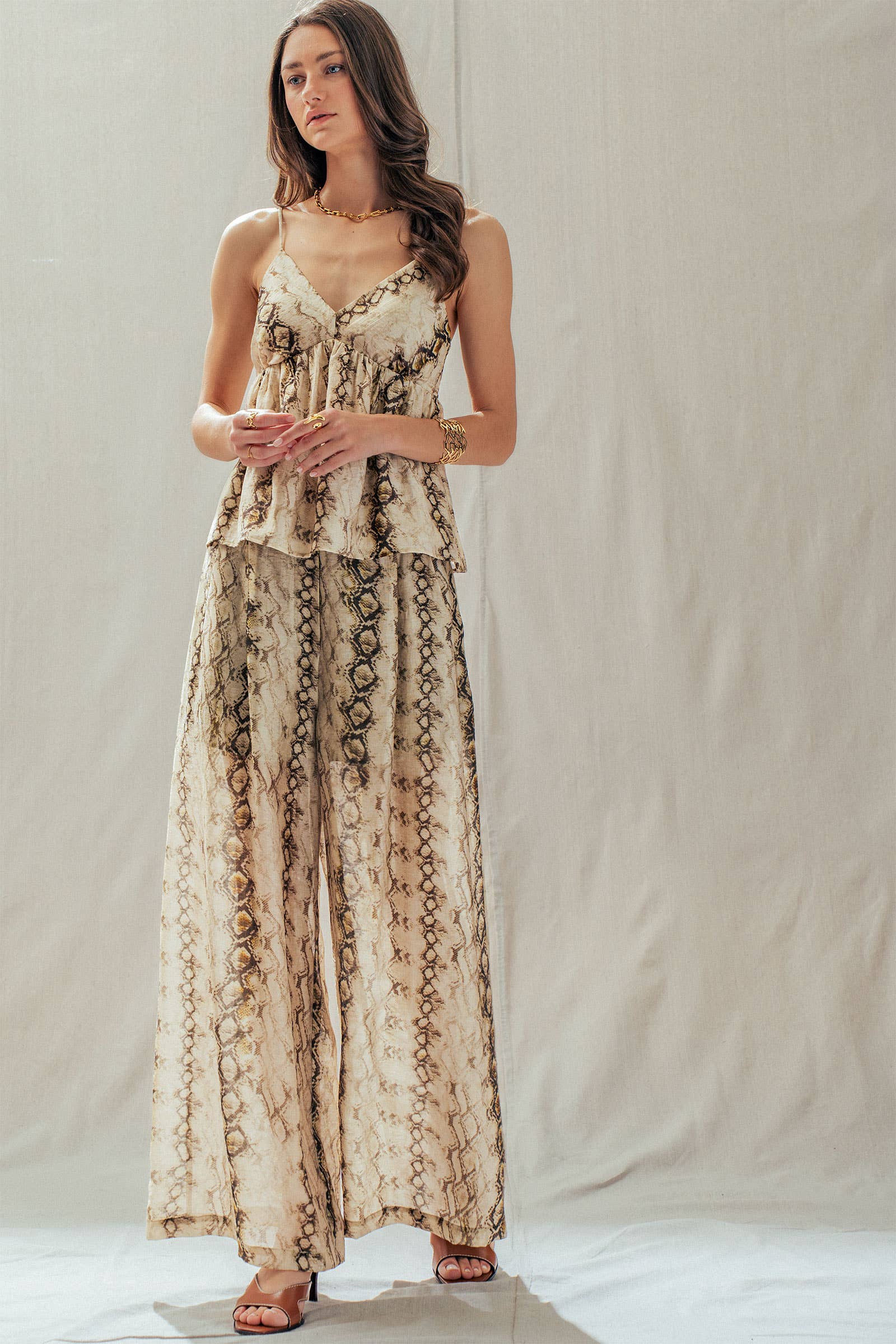 Snake Print Wide Leg Pants Linen Blend
