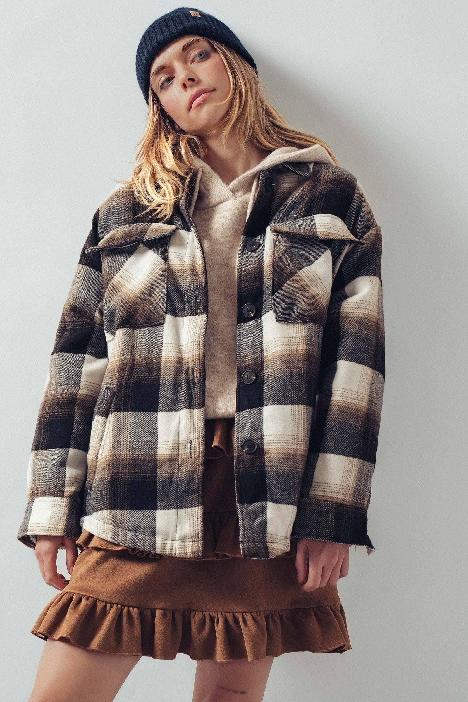 Urban Daizy Oversized Sherpa Lined Plaid Shacket Black Shirt Jacket/Shacket - Women's (UDZ-KN-00657) – alternate view 2