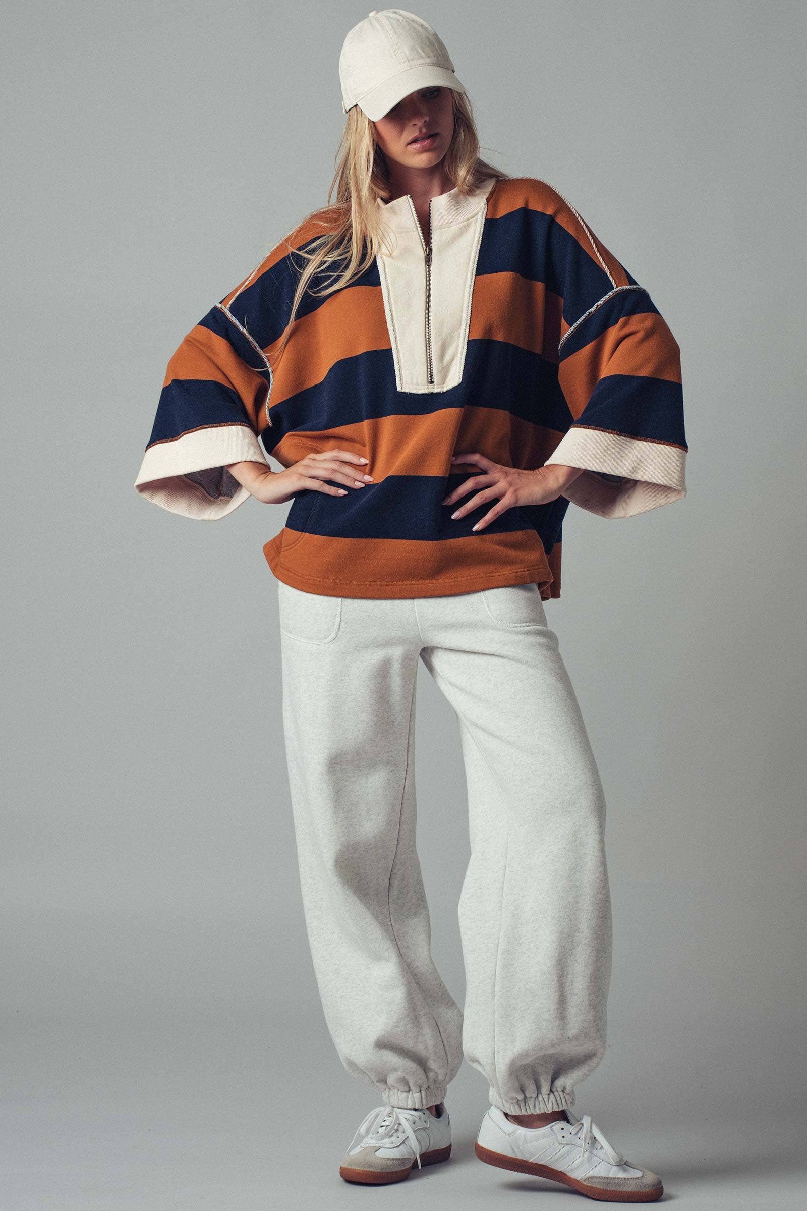 Urban Daizy Oversized Half Zip Bold Stripe Statement Pullover Sweatshirt Cream-Black Sweatshirt - Women's (UDZ-KN-00450)…