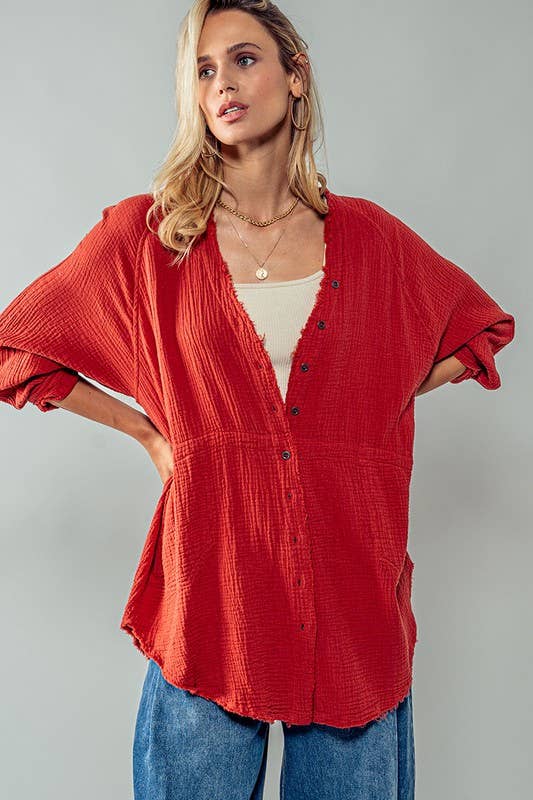 Urban Daizy PREMIUM SOFT FRAYED HEM GAUZE VINTAGE WASHED SHIRT Forest-Green Button Down Shirt - Women's (UDZ-TP-00225) –…