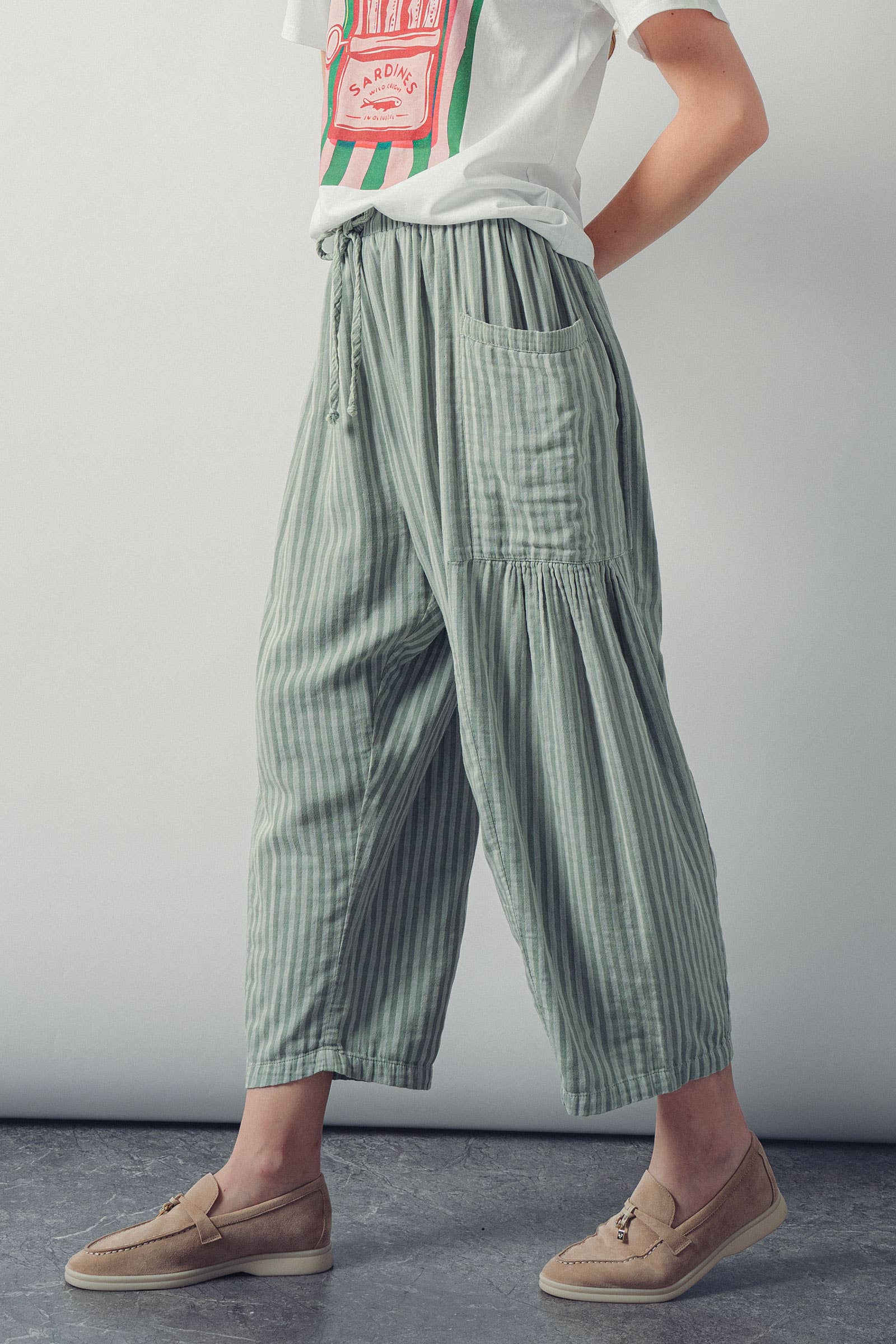 Striped Cotton Drawstring Harem Pants
