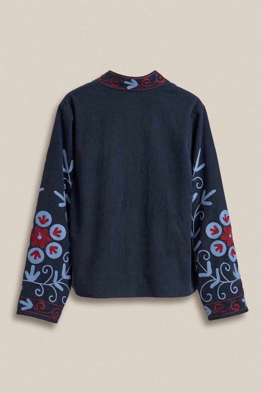 Embroidered Corduroy Jacket with Folk Floral Scroll in NAVY - Women's Jackets & Blazers | Urban Daizy
