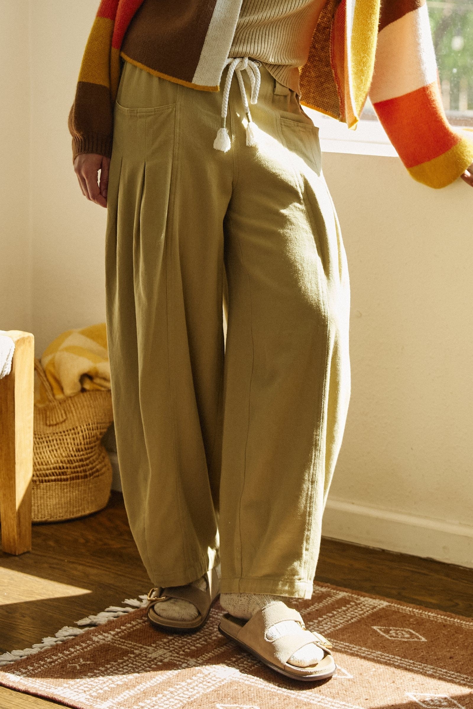 Pleated Wide-Leg Barrel Pant with Drawstring in CAMEL - Women's Casual Pants | Urban Daizy