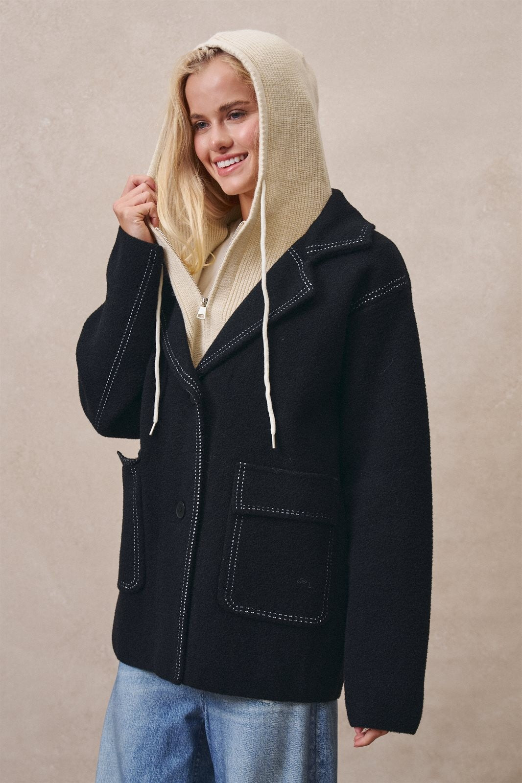 Hooded Wool Blend Oversized Short Coat in BLACK - Women's Coats | Urban Daizy