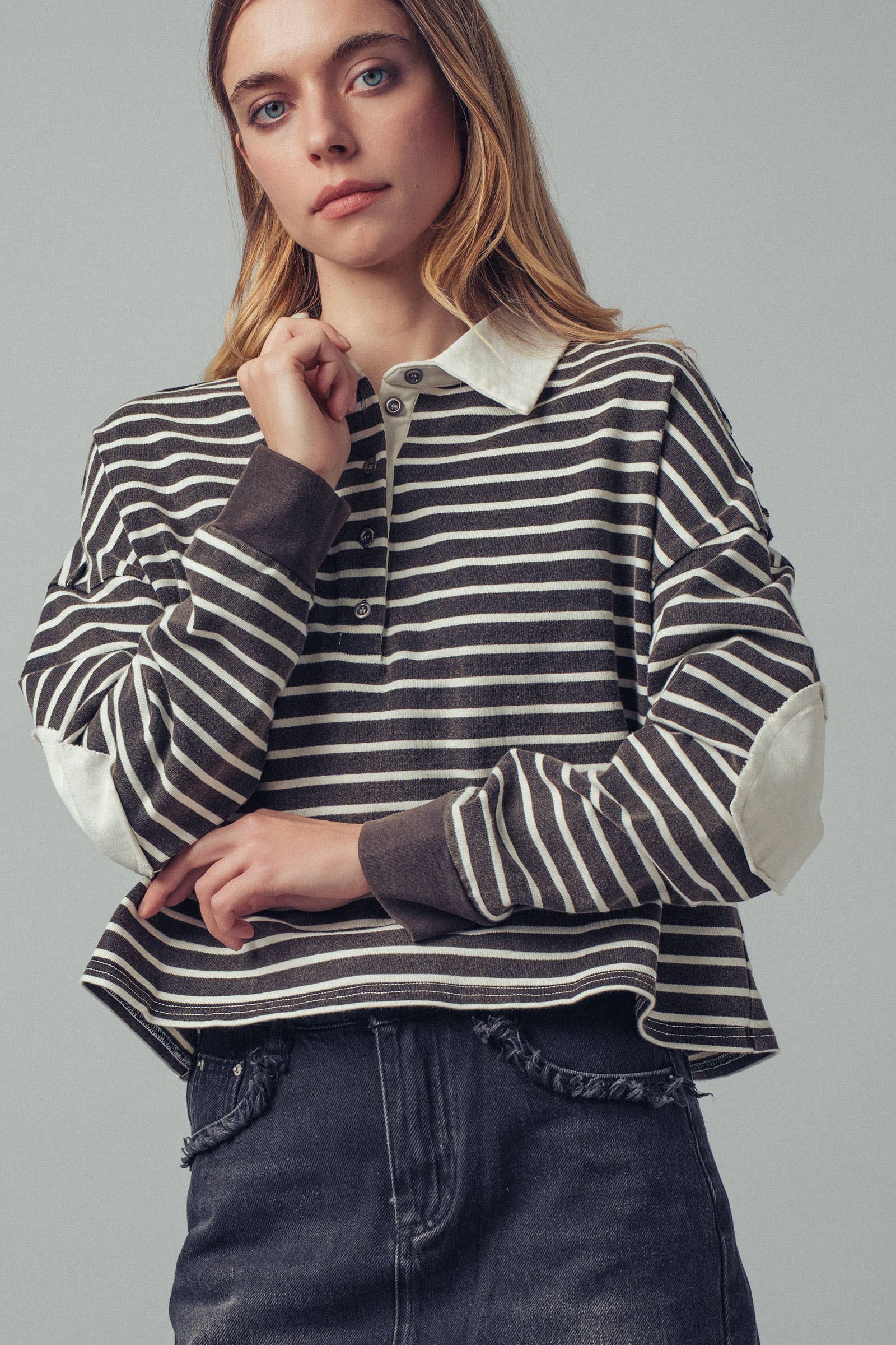 Urban Daizy Playful Cropped Stripe Cotton Top Black-White Polo - Women's (UDZ-PT-00355) – alternate view 3