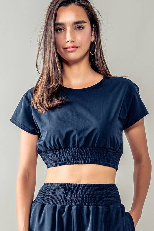 Urban Daizy Elastic Waist Cropped Short Sleeve Summer Top Navy Blouse - Women's (UDZ-TP-00536)