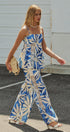 Satin Wide-Leg Pants Set with Crop Top in BLUE IVORY - Women's Pants Sets | Urban Daizy
