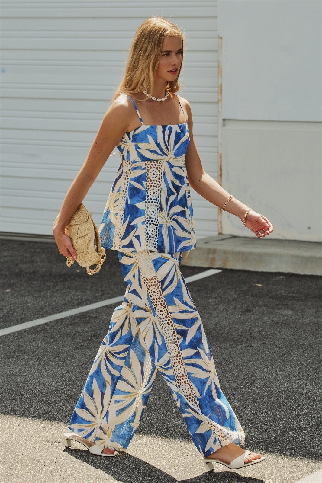 Satin Wide-Leg Pants Set with Crop Top in BLUE IVORY - Women's Pants Sets | Urban Daizy