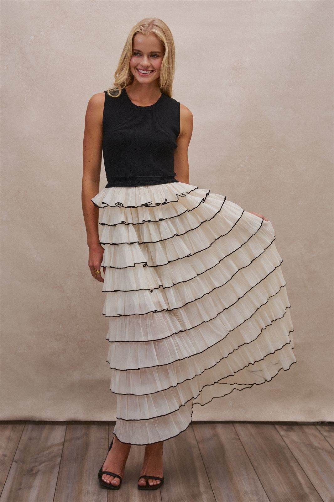 Tiered Ruffle Maxi Dress with Contrast Trim in BLACK - Women's Cocktail Dresses | Urban Daizy