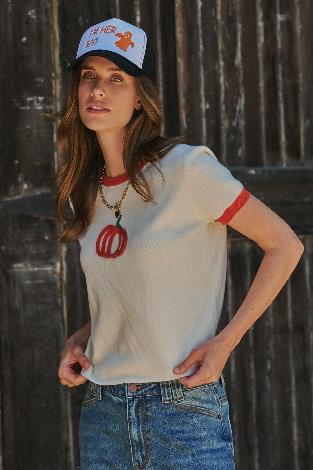 Pumpkin Embroidered Crew Neck Knit Tee in IVORY - Women's Sweaters | Urban Daizy