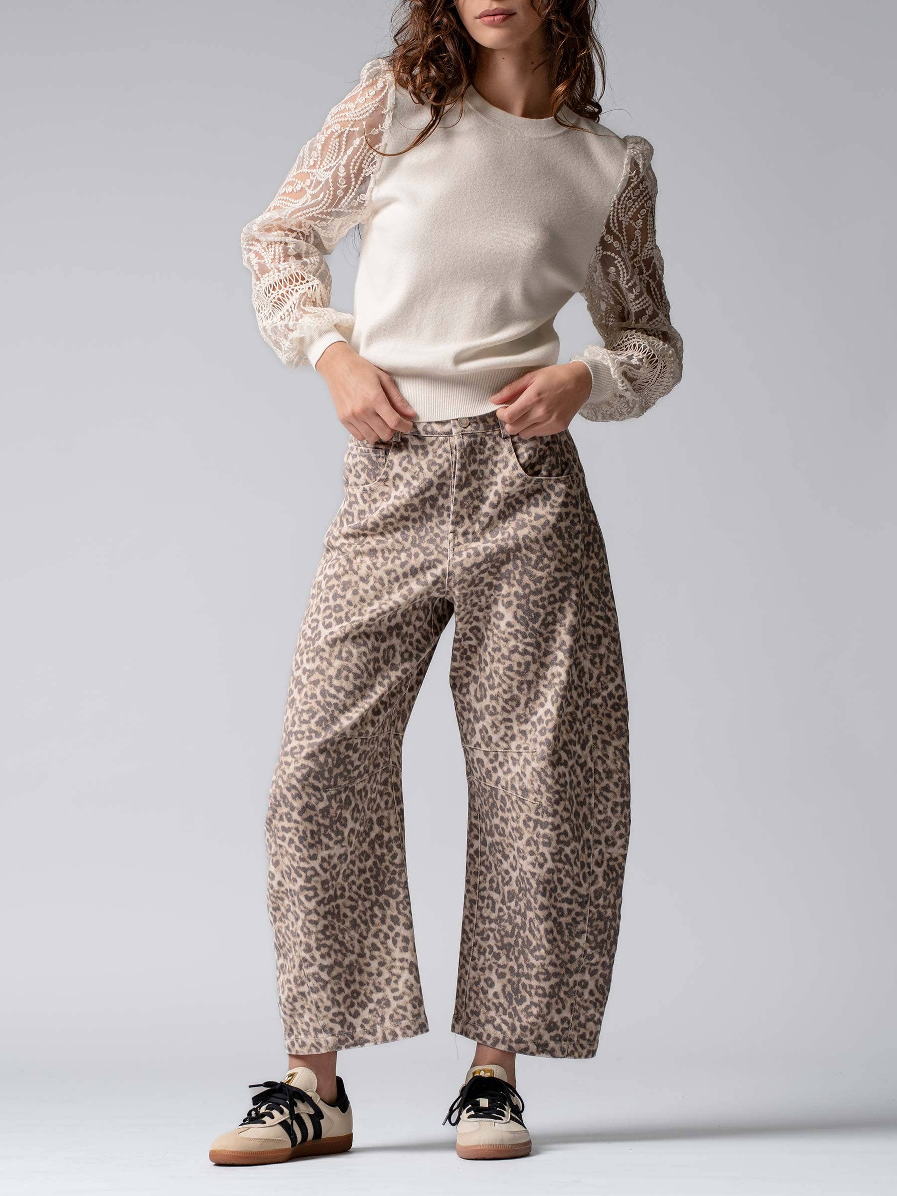 Leopard Print Stitch Detail Barrel Jeans