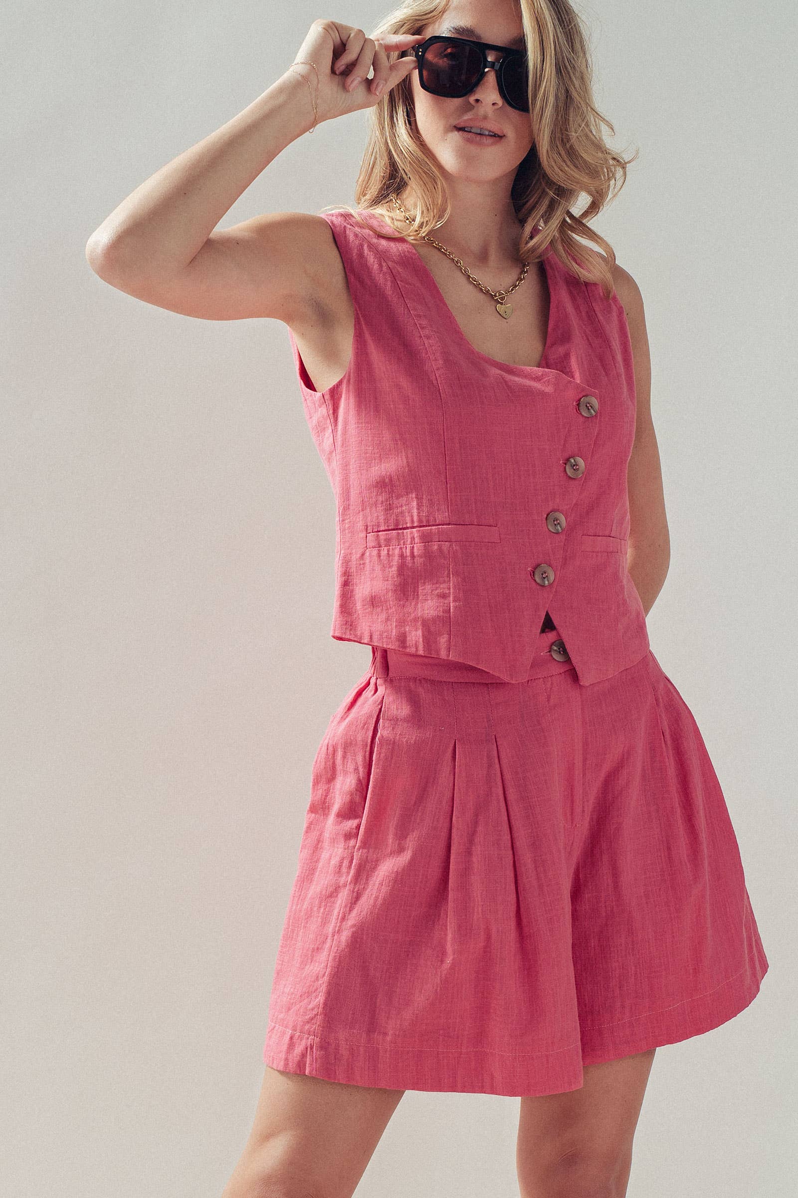 Asymmetrical Button Cotton Vest & Shorts Set