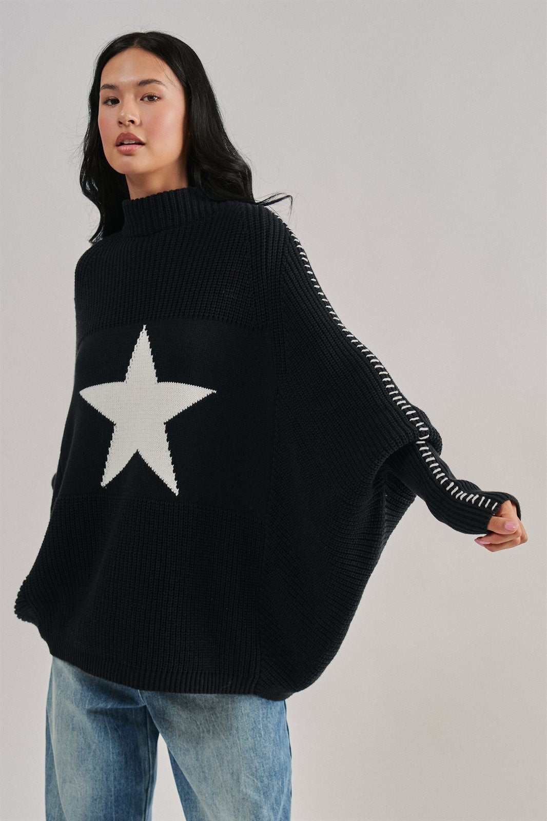 Star Intarsia Mock Neck Sweater in BLACK - Women's Sweaters | Urban Daizy