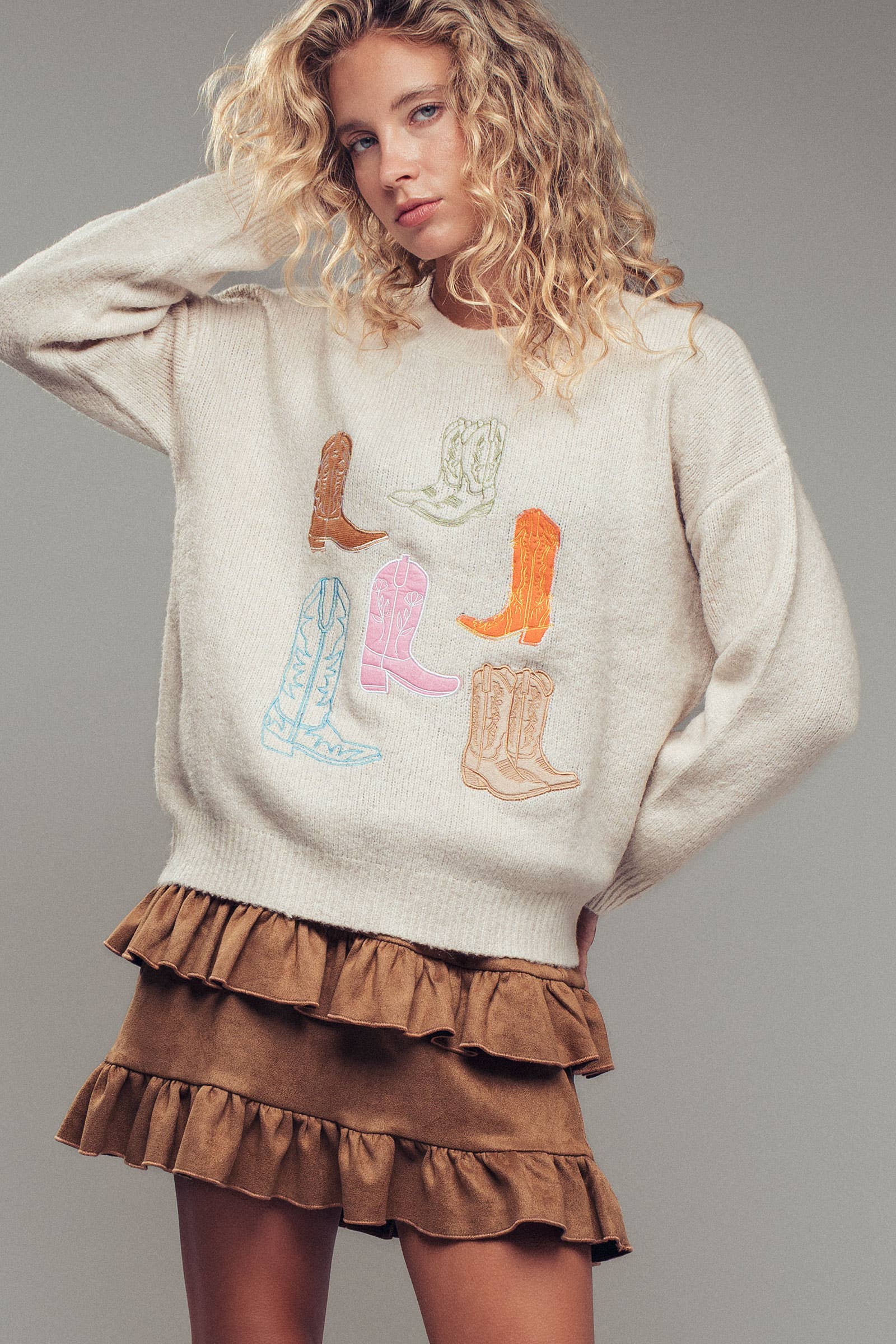 Western Embroidered Cowboy Boot Sweater