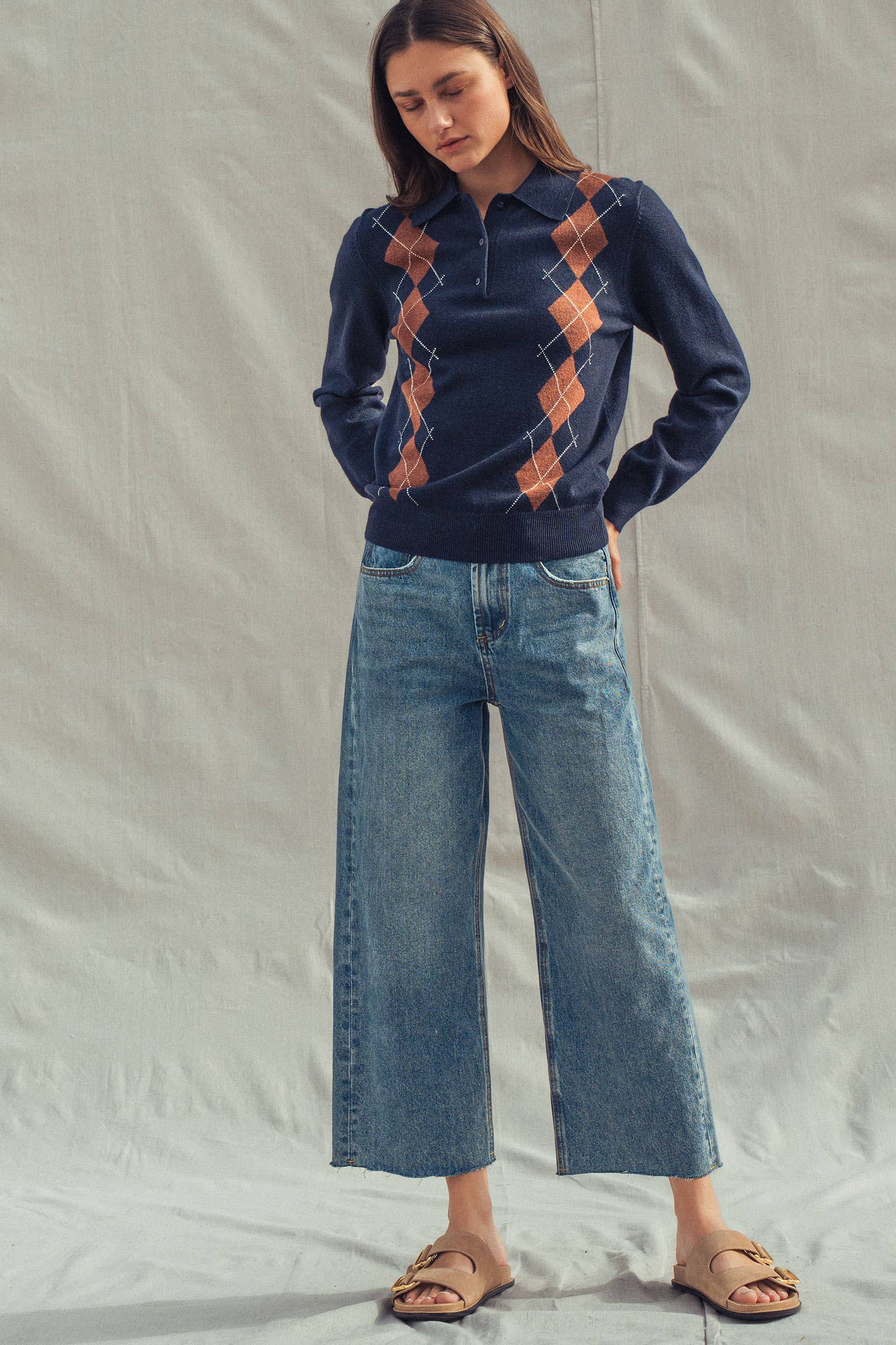 Classic Argyle Knit Polo Sweater