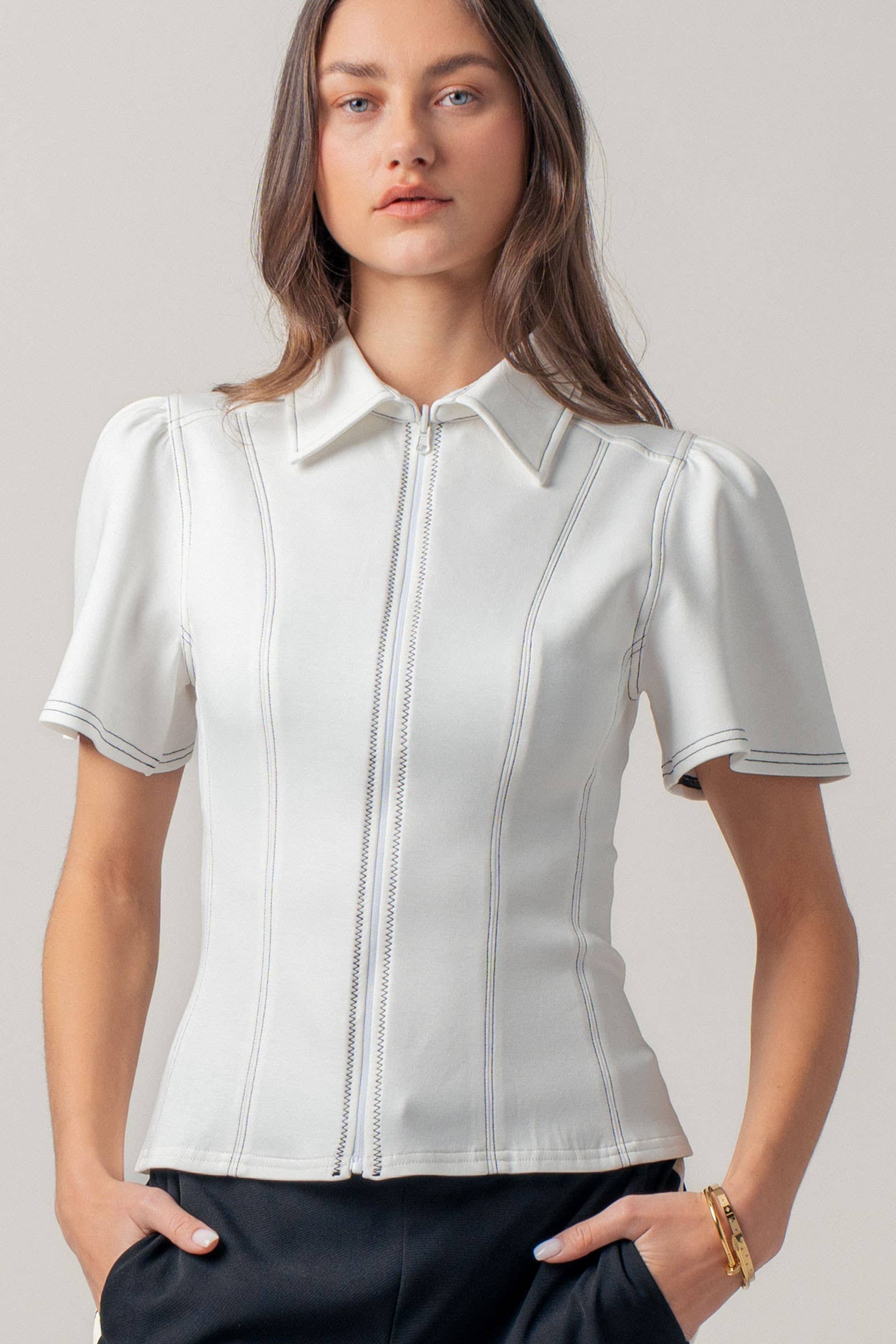 Urban Daizy Contrast Stitch Zip Front Knit Top Puff Sleeve Ivory Blouse - Women's (UDZ-TP-01058) – alternate view 2