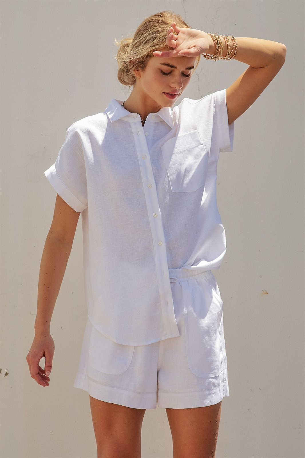 Coastal Ease Linen Short Sleeve Shirt in WHITE - Women's Tops | Urban Daizy