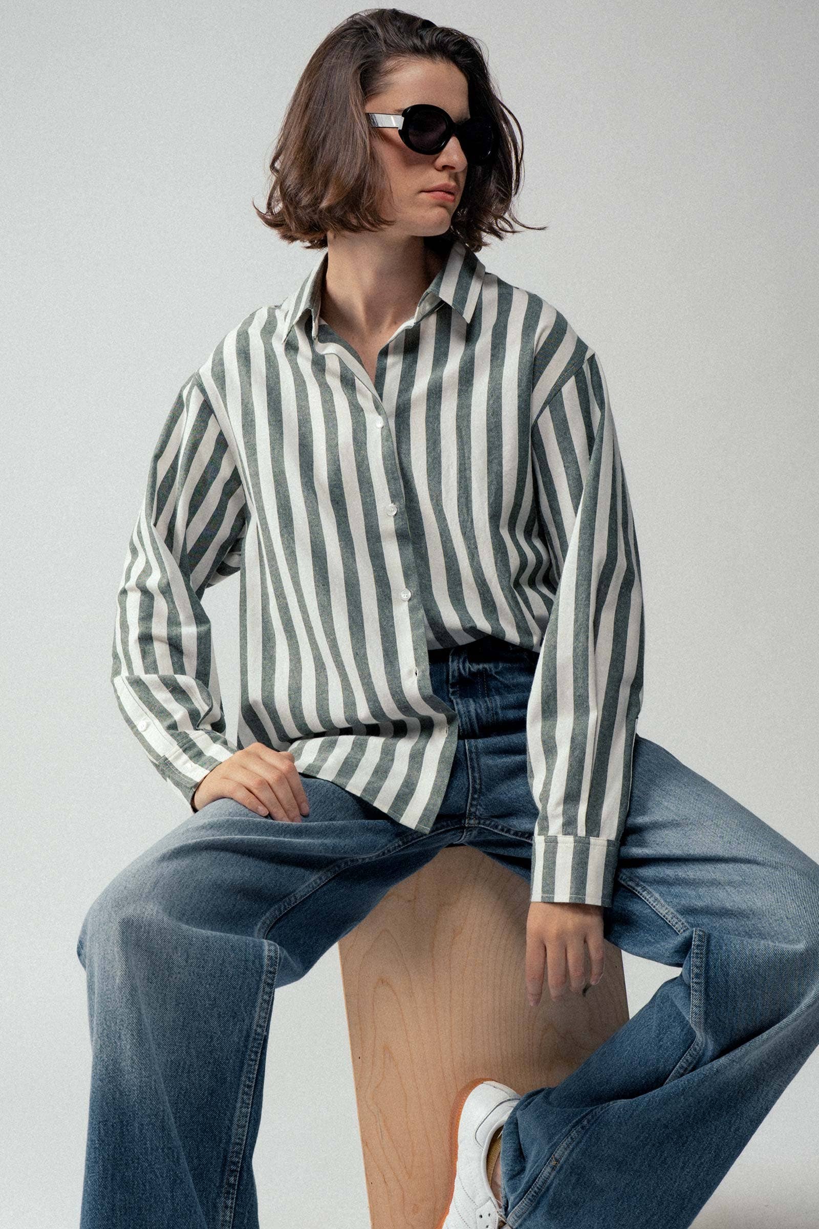Urban Daizy Oversized Stripe Button Down Collared Shirt Blue Button Down Shirt - Women's (UDZ-TP-00759) – alternate view 17