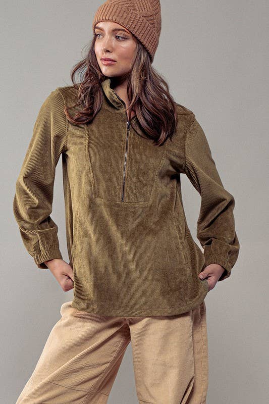 Urban Daizy Corduroy Funnel Neck Half Zip Pullover Top Black Tunic - Women's (UDZ-OT-00138) – alternate view 3