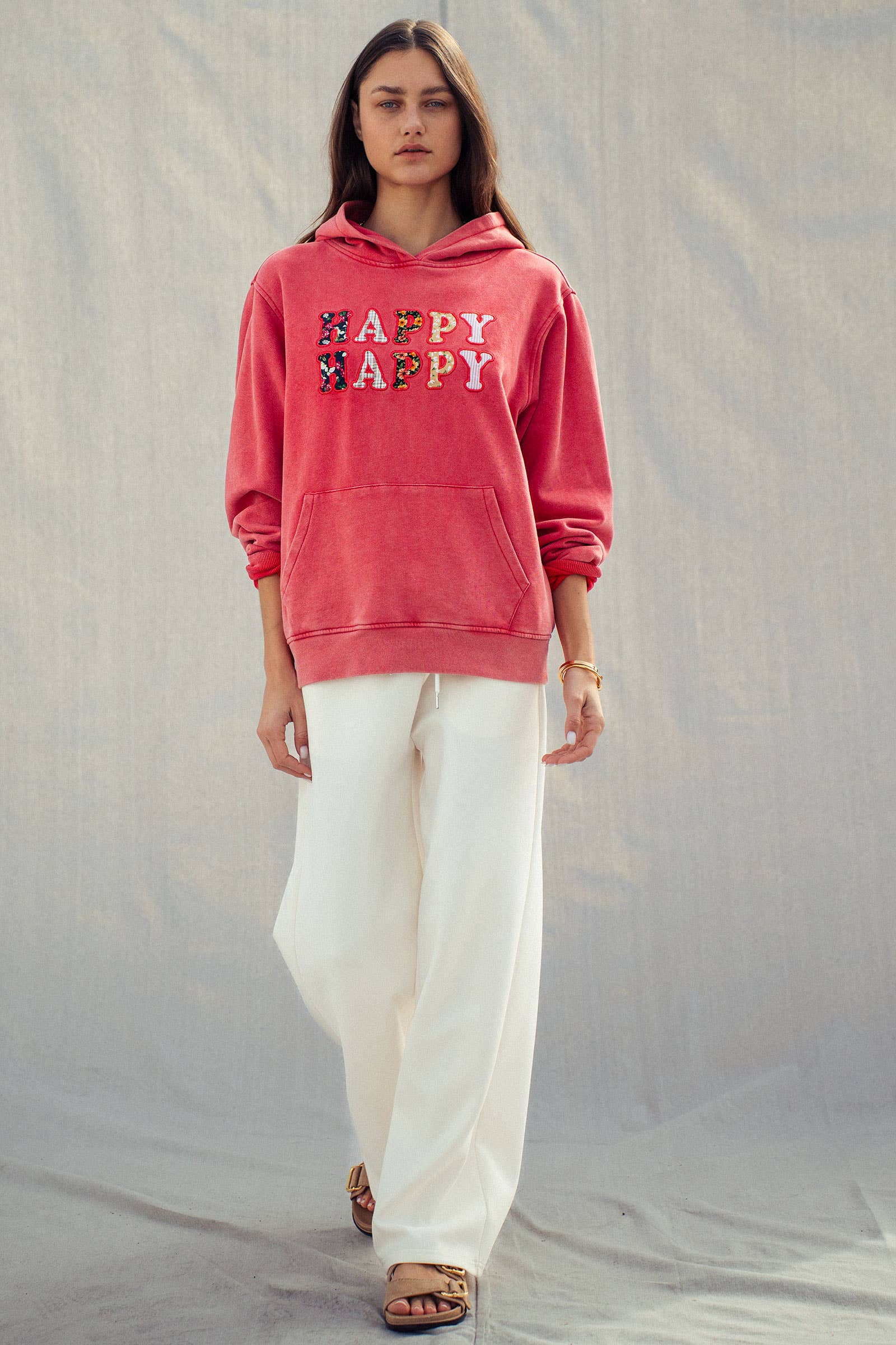 Urban Daizy "HAPPY HAPPY" Vintage Washed Hoodie Red Hoodie - Women's (UDZ-KN-00891) – alternate view 8