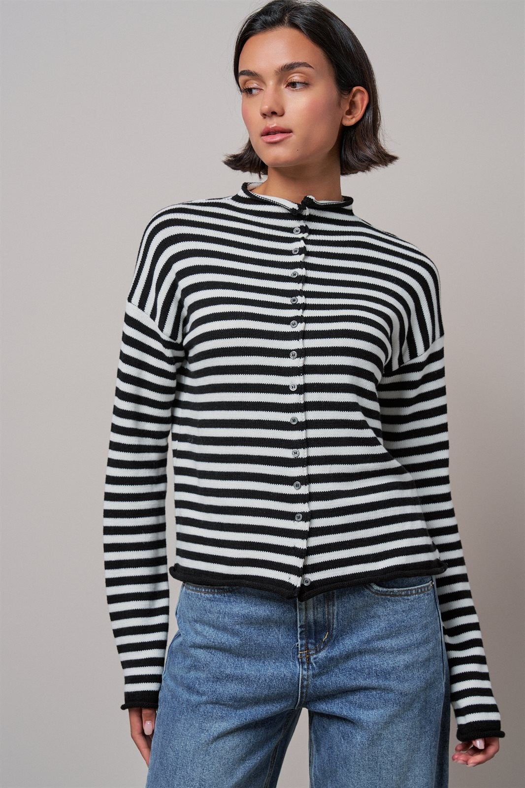 Striped Polo Collar Button Sweater with Rolled Edges in IVORY BLACK - Women's Cardigans & Shrugs | Urban Daizy