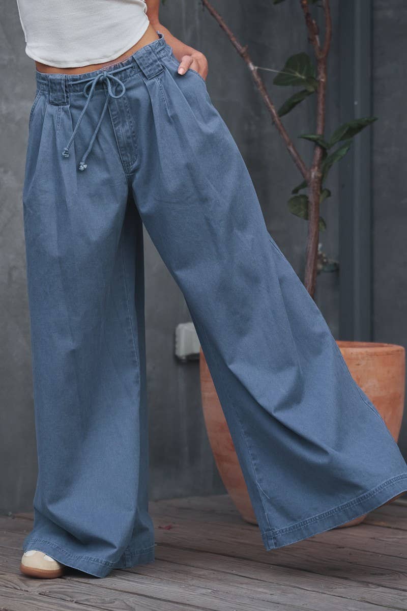 Wide-Leg Drawstring Denim Pants