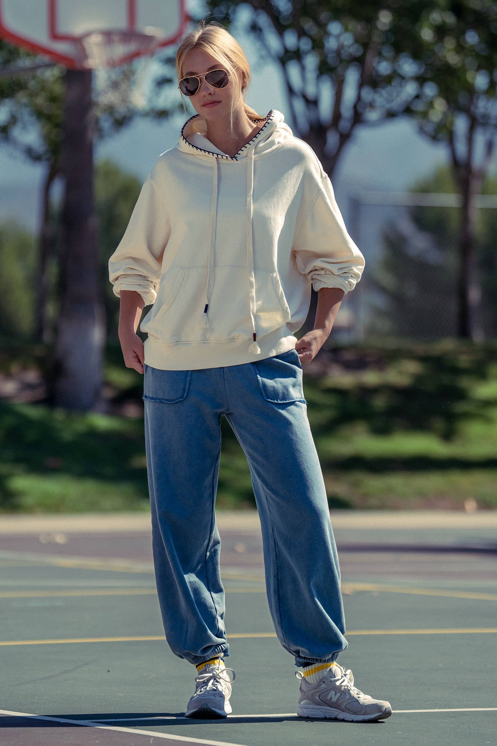 Vintage-Wash Crochet Trim Hooded Sweatshirt