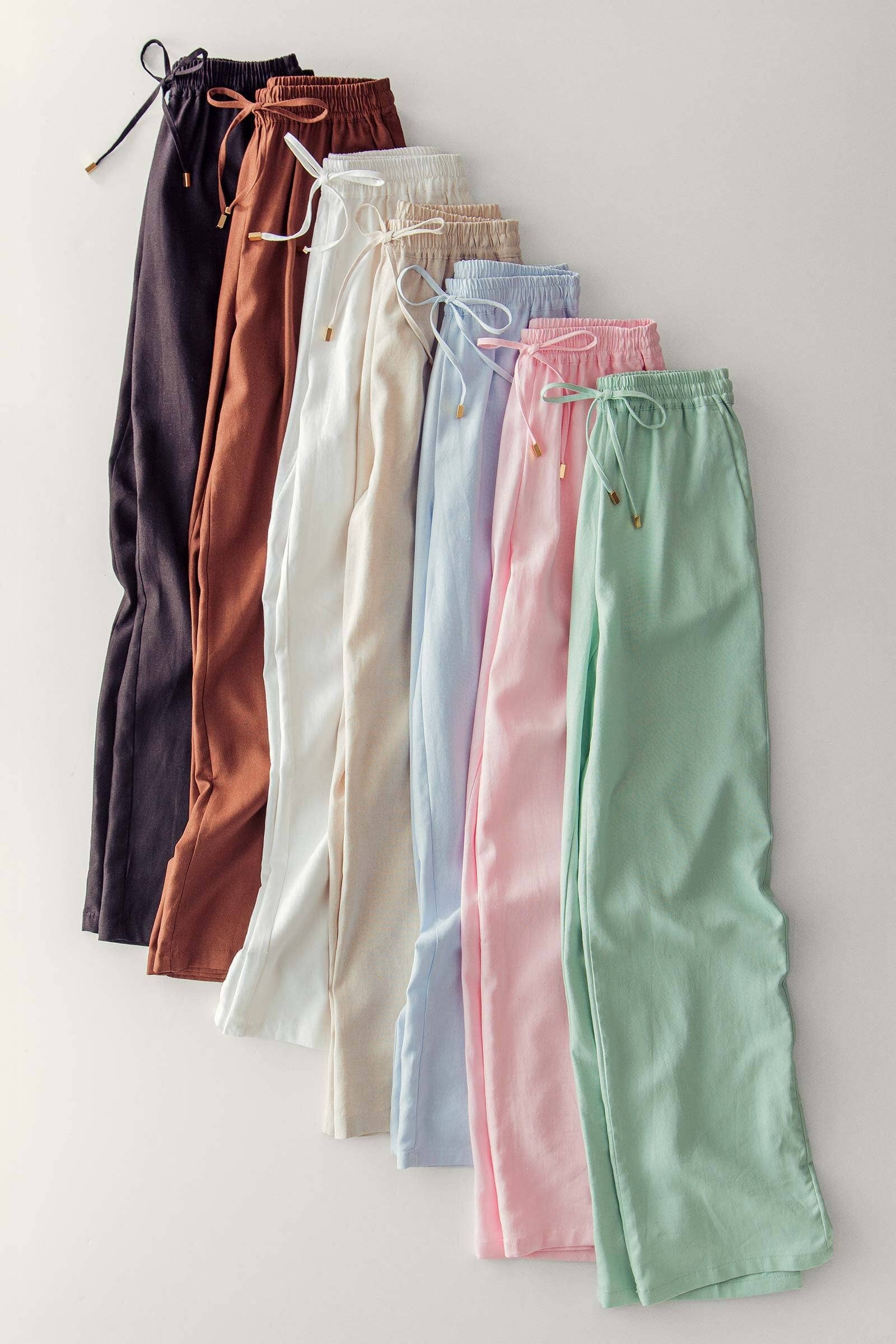 Linen Blend Wide Leg Pants Drawstring Waist