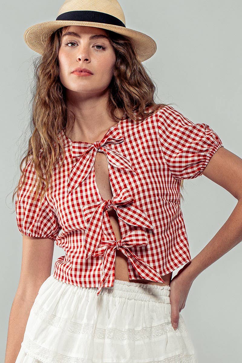 Urban Daizy Gingham Triple Bow Puff Sleeve Crop Top Pink Blouse - Women's (UDZ-TP-01033) – alternate view 27