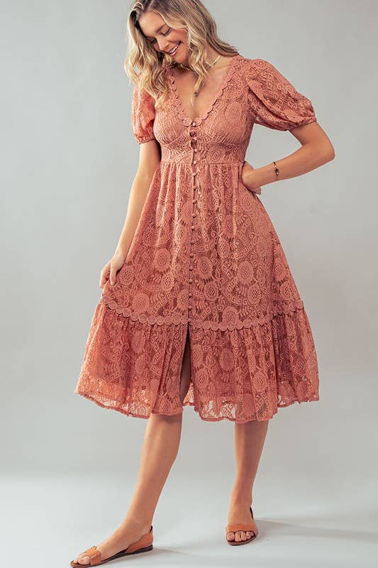 Scalloped Lace Button Front Midi Dress