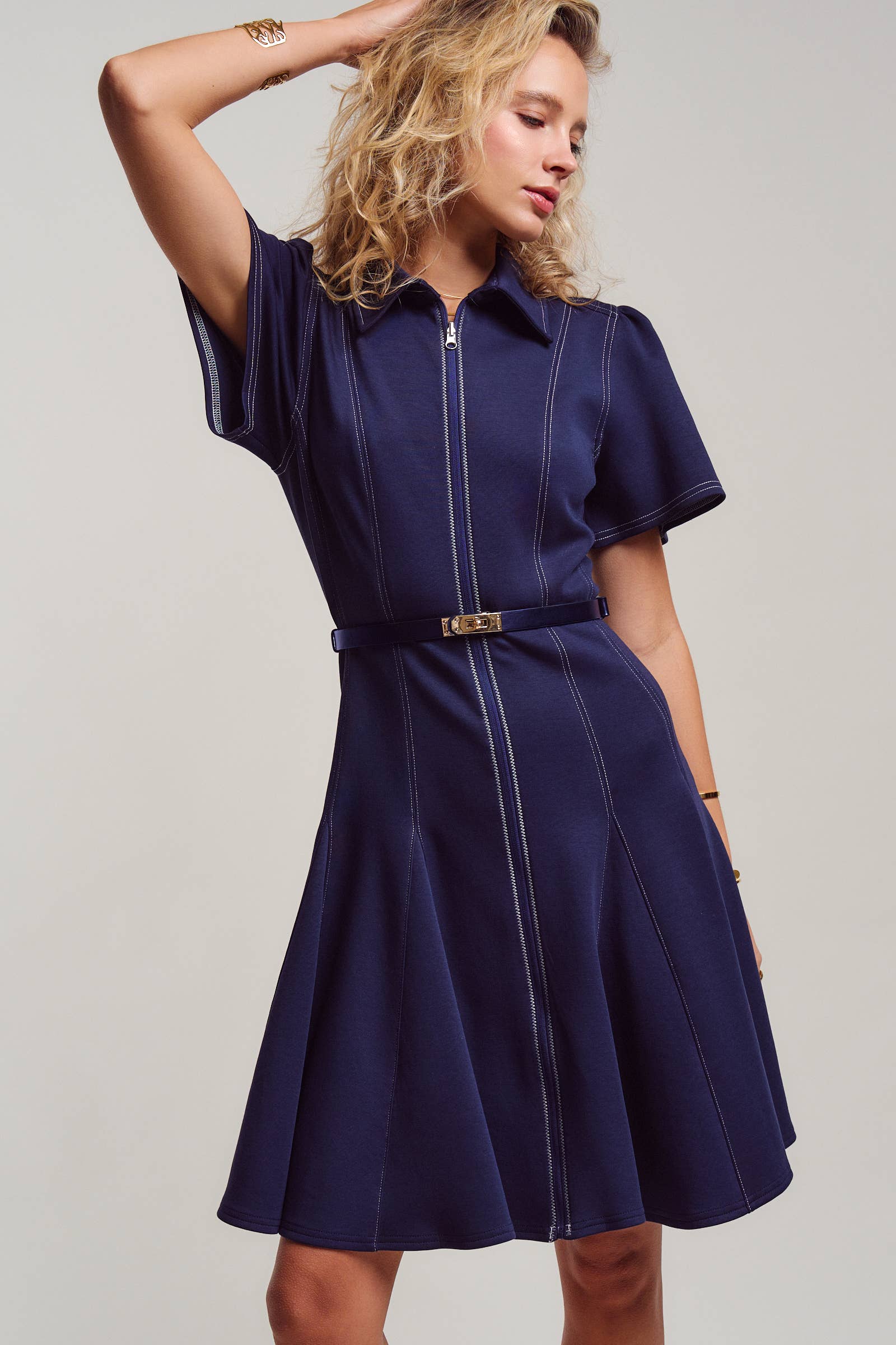 Contrast Stitch Zip Front Knit Mini Dress Belted