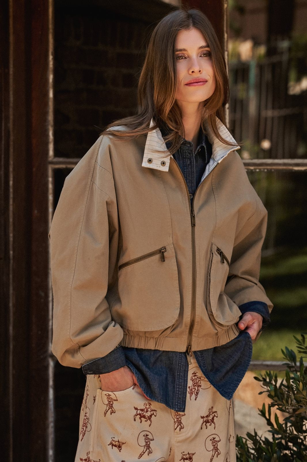 Cropped Zip Bomber Jacket in KHAKI - Women's Jackets & Blazers | Urban Daizy
