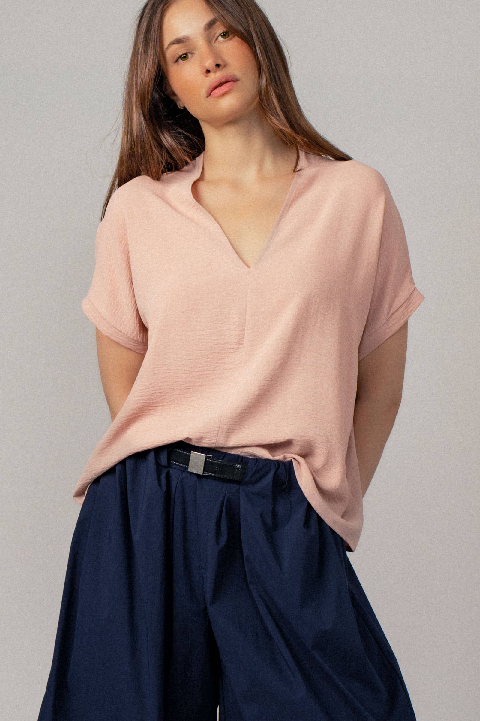 Urban Daizy Relaxed V-Neck Top with Folded Sleeves Ivory Blouse - Women's (UDZ-TP-00570) – alternate view 3