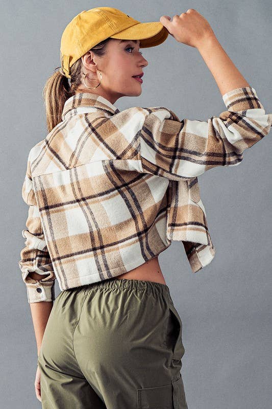 Urban Daizy BELLA SNAP BUTTON PLAID CROP JACKET Camel Jacket - Women's (UDZ-OT-00264) – alternate view 6