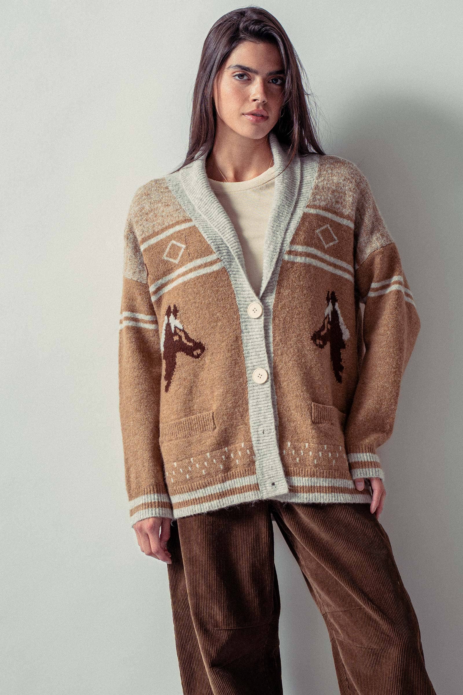 Urban Daizy Horse Motif Shawl Collar Cardigan Grey Cardigan - Women's (UDZ-KN-00654) – alternate view 12