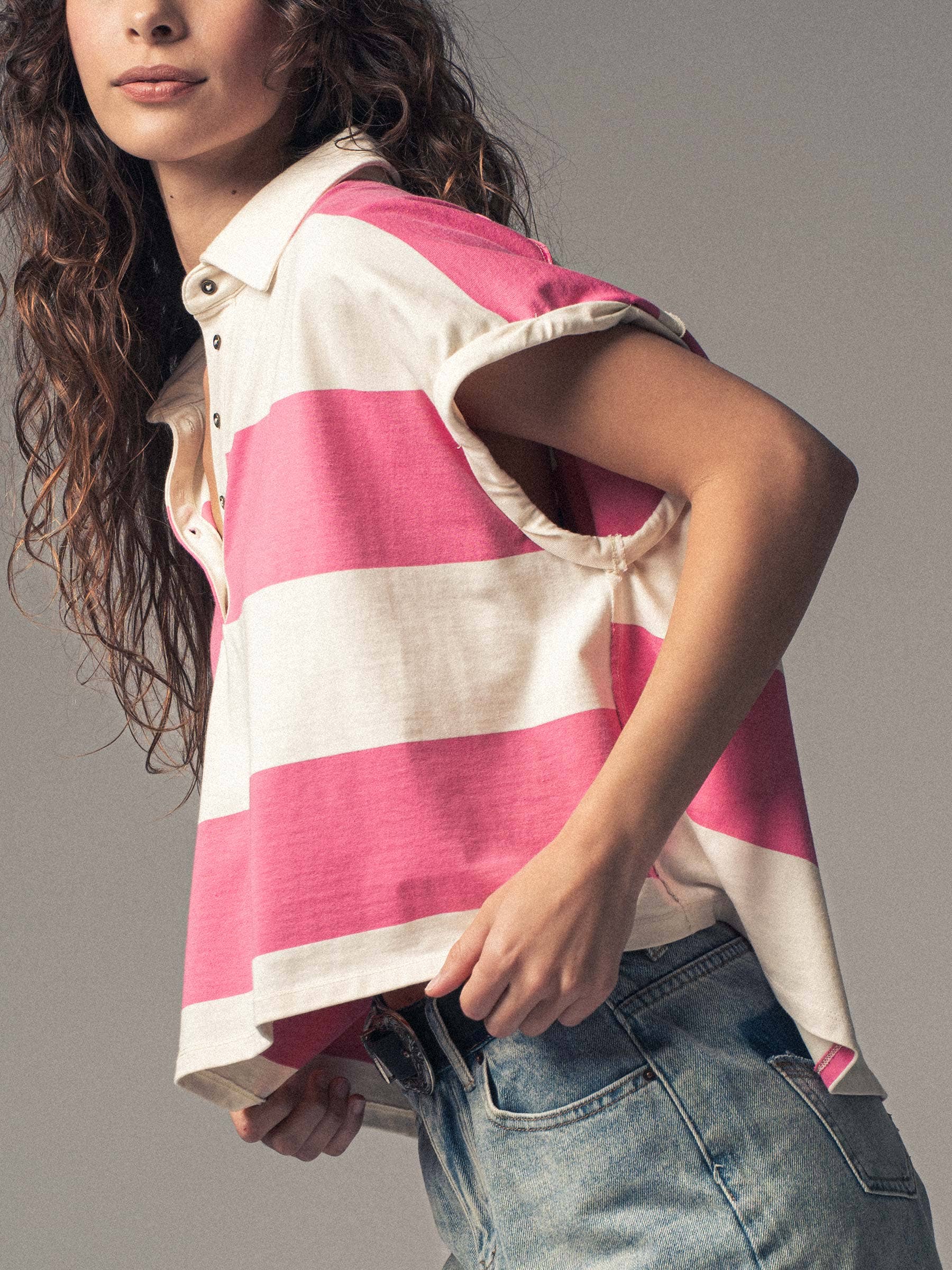 Urban Daizy Bold Striped Dolman Sleeve Polo Shirt Ivory Black Polo - Women's (UDZ-TP-00660) – alternate view 29
