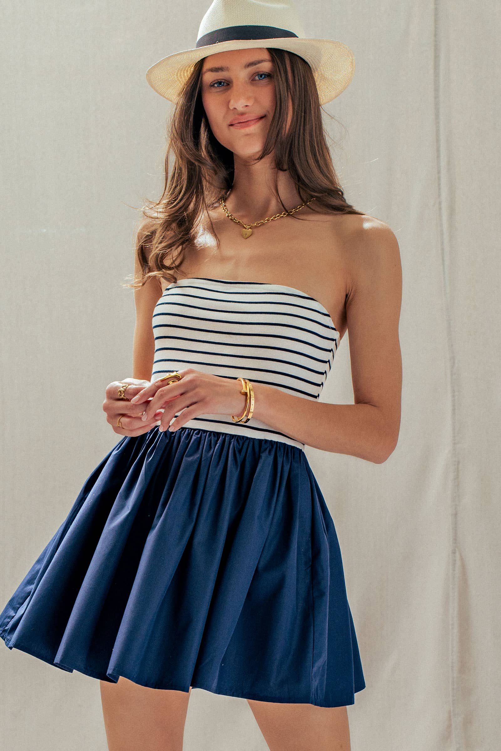 Urban Daizy Mixed Media Strapless Knit & Poplin Mini Dress Ivory-Blue Dress - Women's (UDDR0336-Ivory-Blue) – alternate view 3