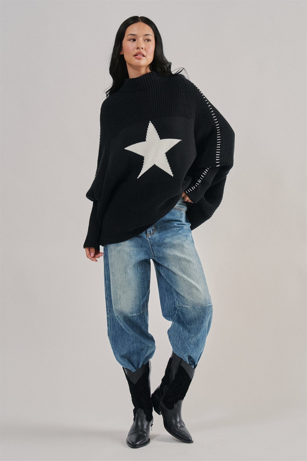 Star Intarsia Mock Neck Sweater in BLACK - Women's Sweaters | Urban Daizy