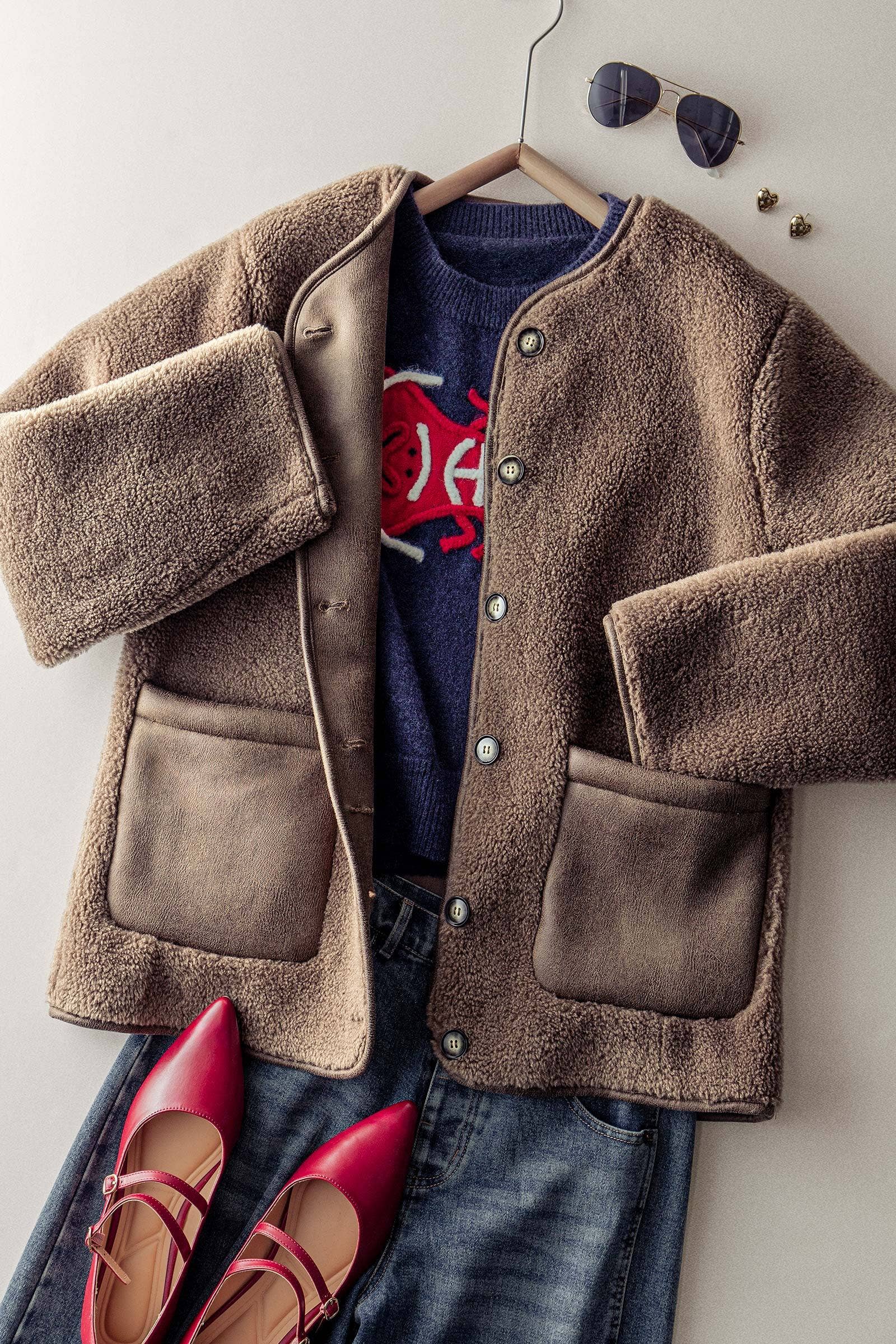 Faux Shearling Jacket with Suede Pockets